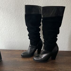 Vintage Zodiac Panda Boots Black Suede Leather Knee High Slouch Heeled Boots